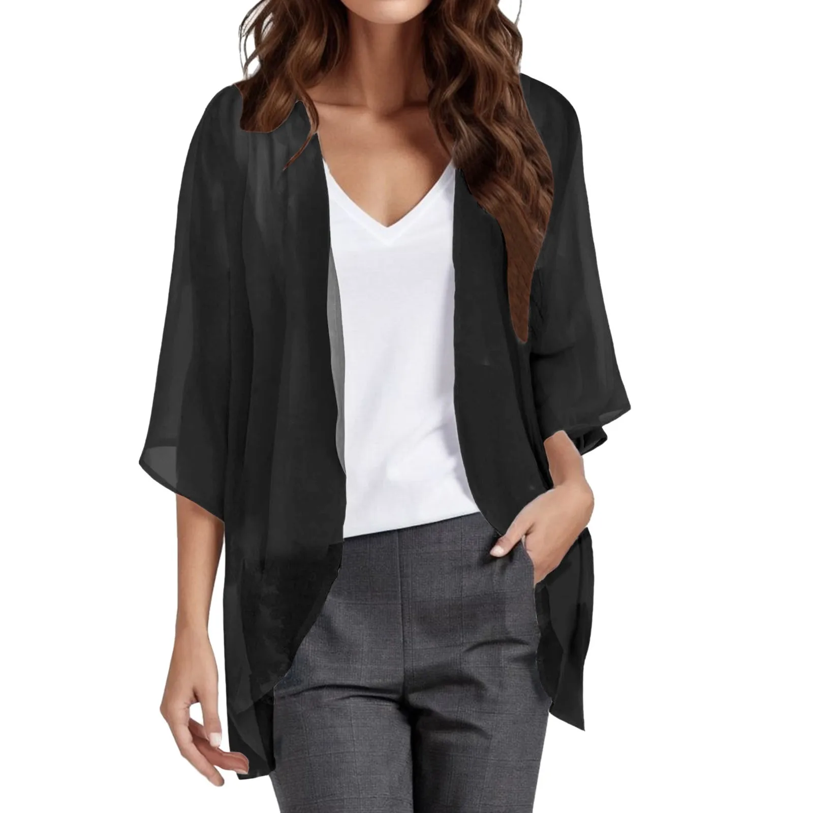 

Women Cardigan Smock Chiffon Solid Elegant Puff Sleeve Loose Cover Up Casual Long Sleeve Blouse Beach Summer Oversize Thin Tops