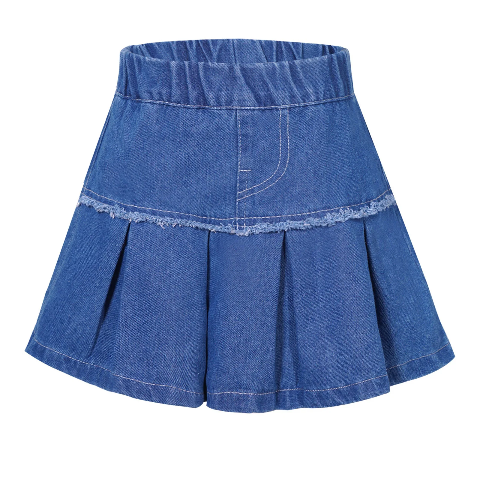 Kids Girls Fashion Pleated Denim Skirts Casual Elastic Waistband A-Line Flared Jean Skirt with Built-In Shorts Children 5-16 Yrs