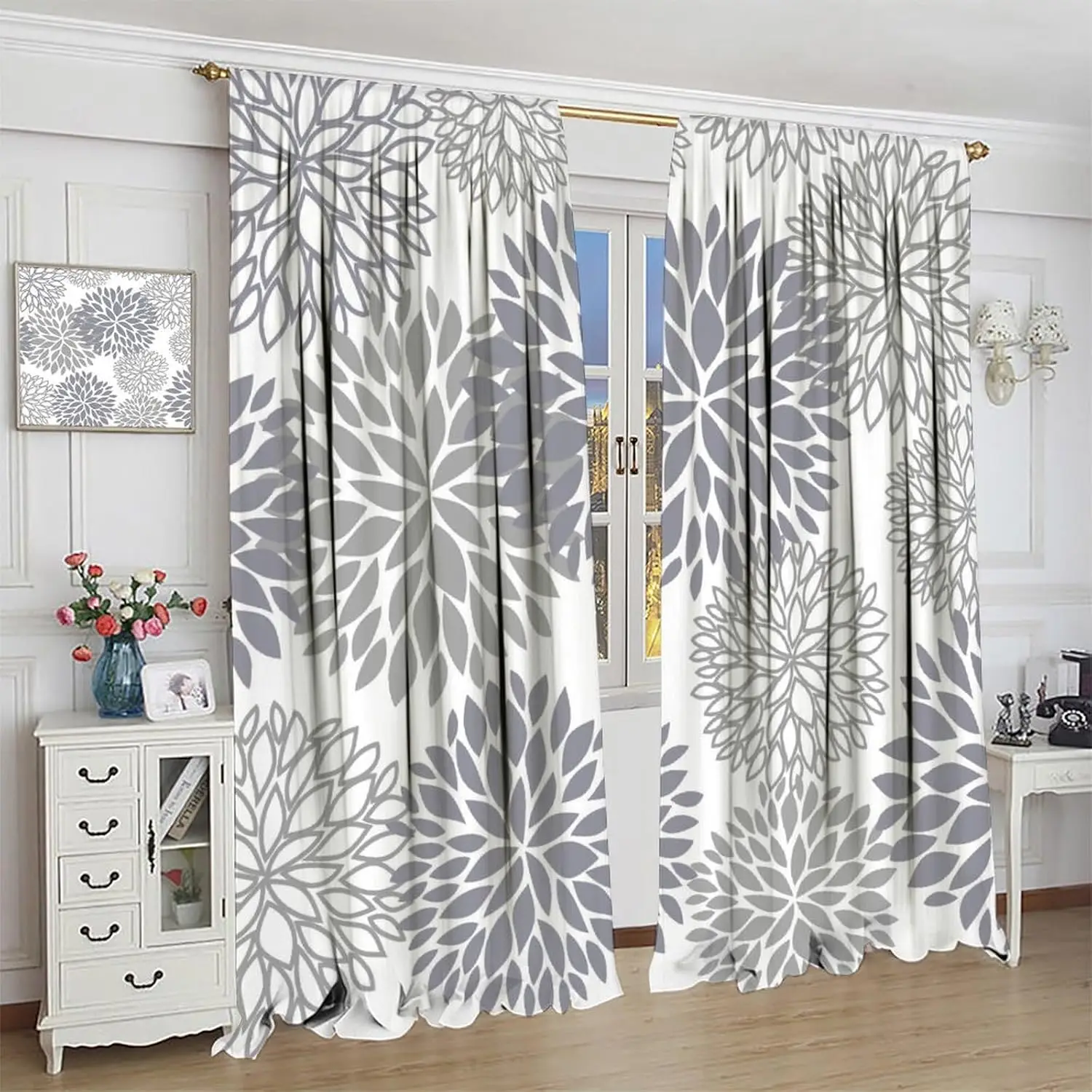 Farmhouse Grey Floral Curtains,Mandala Boho Spring Blossom Dahlia Window Treatments for Bedroom Living Room Kitchen Rustic