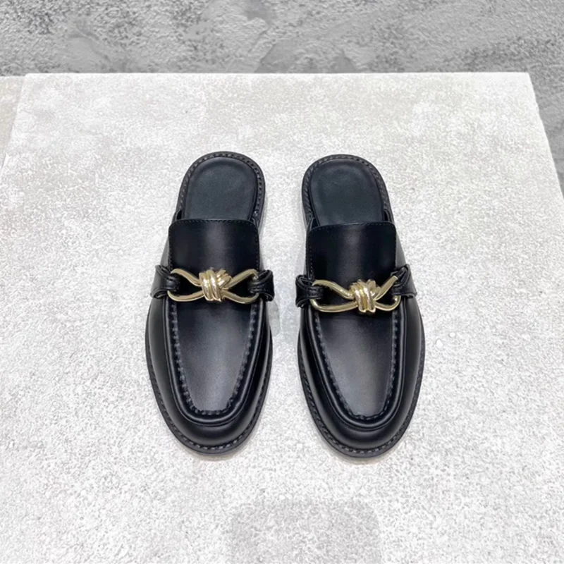 Metal Buckle Half Slippers For Women Retro High Quality Genuine Leather Mule Shoes Comfortable Flat Man And Women Designer Shoes view 2