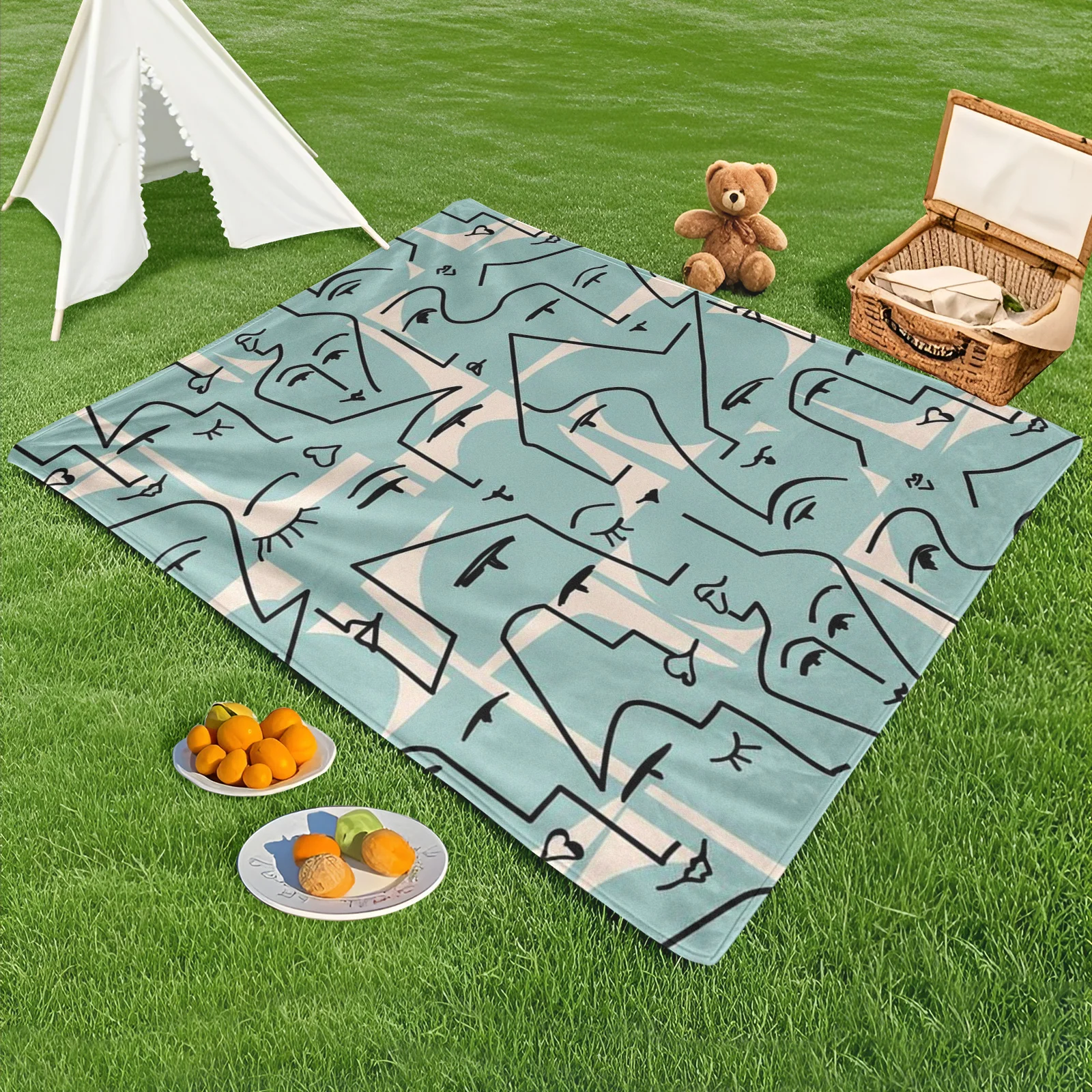 

Abstract Blue Green Line Art Face Design Creative Outdoor Blanket For Artistic Style And Cozy Comfort