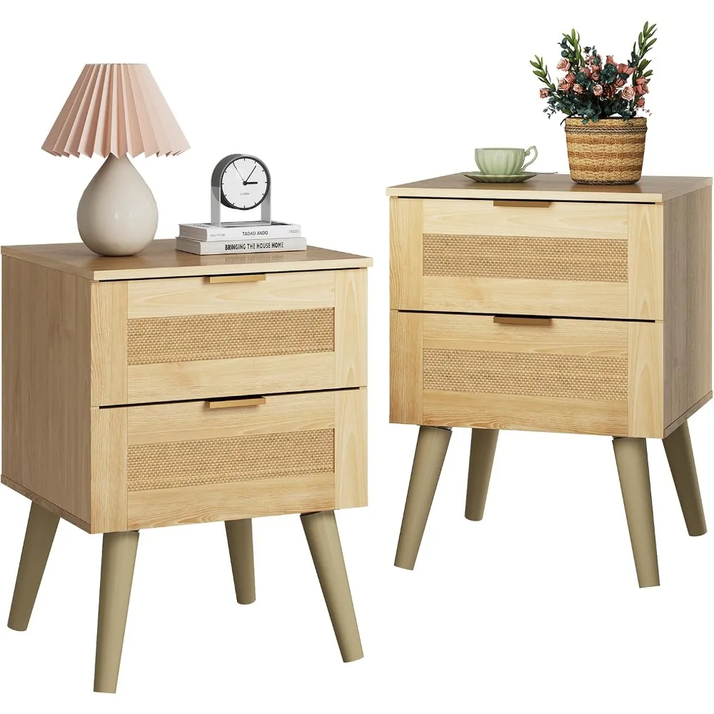 WLIVE Wood Nightstand Set of 2, Night Stand Sets with 2 Rattan Decor Drawers, End Tables with Solid Legs, Bed Side Table for Bed