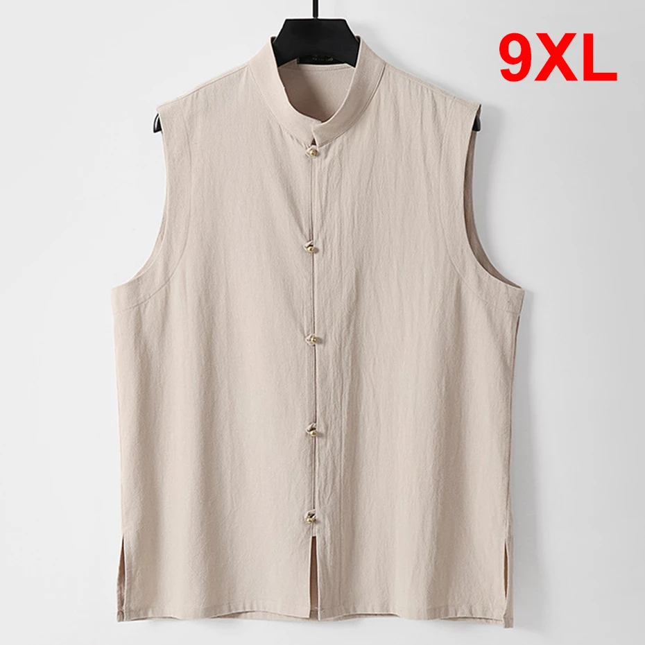 Chinese Traditional Style Vests Men Linen Vests Plus Size 9XL Fashion Casual Solid Color Tank Tops Male Big Size 9XL