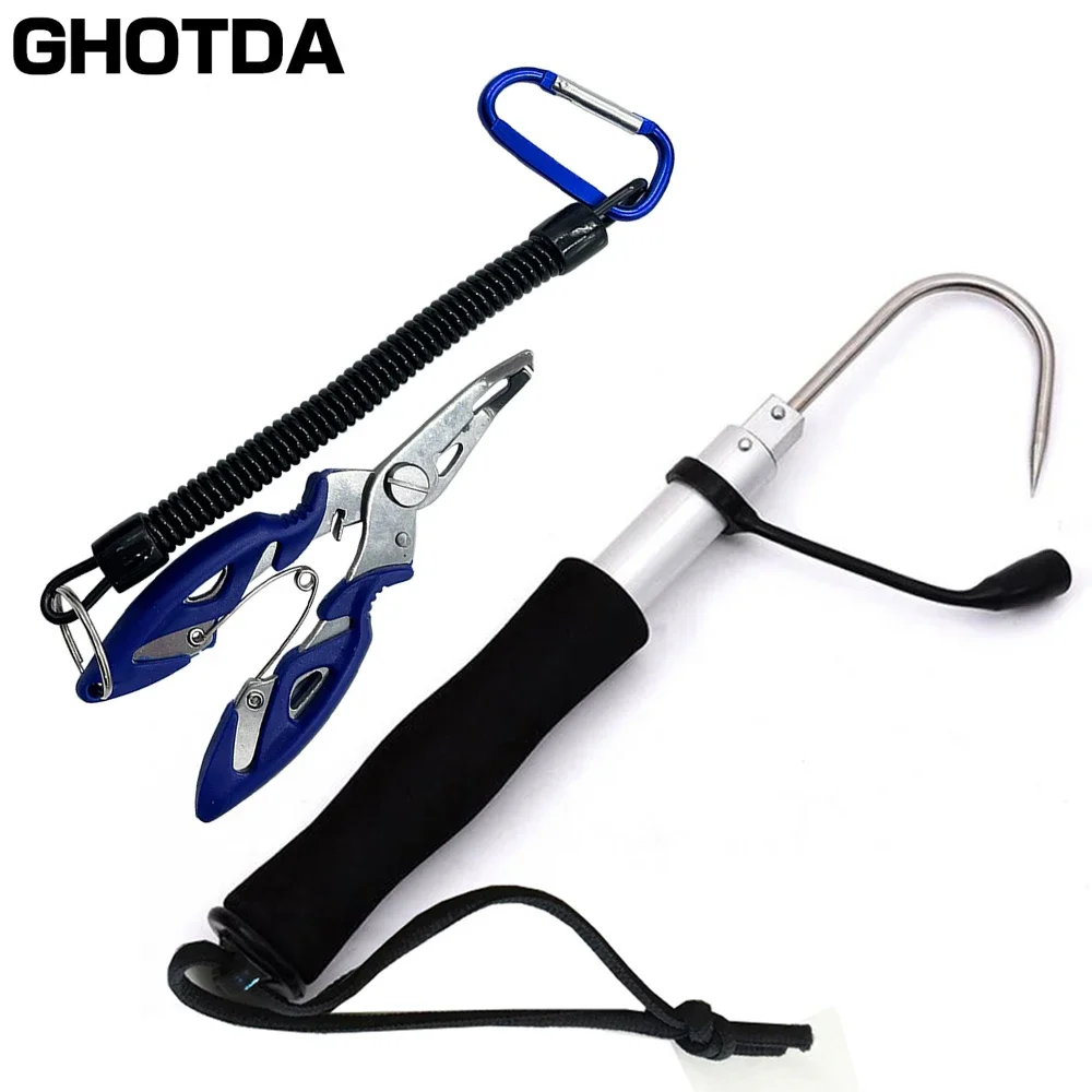 64cm-116cm Squid Gaff Hook Stainless Steel Corrosion Preventive Retractable Hook EVA Handle Portable Sea Fishing Accessories