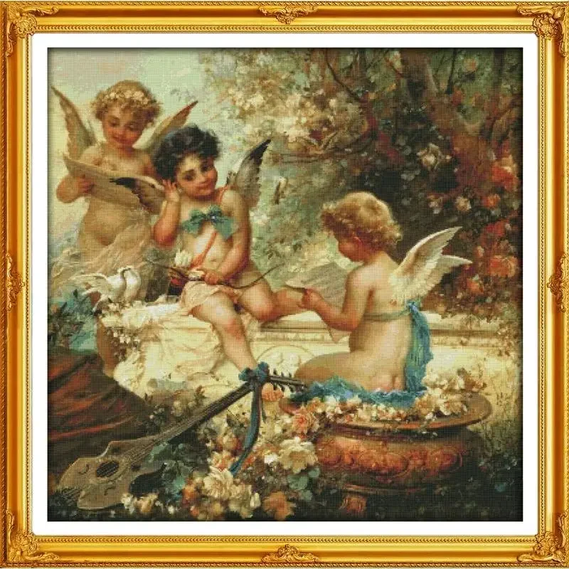 Joy Sunday News Printed Cross Stitch Kit ,  Easy Pattern with Aida and DMC Threads,  Stamped Fabric Embroidery Set-Cherubs In Th