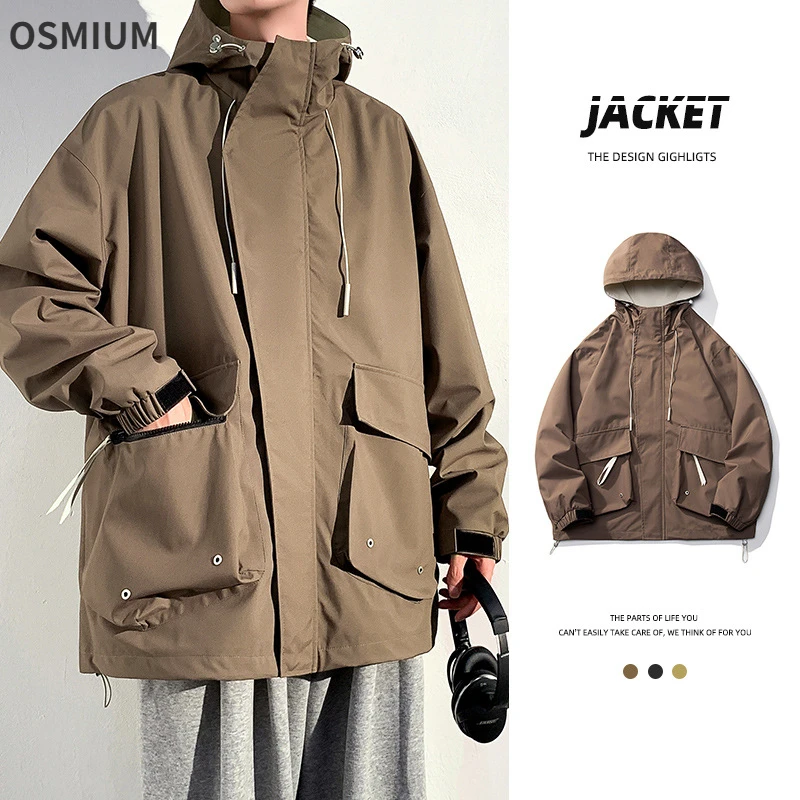 Men Preppy Style Streetwear Mens Casual Loose Outerwear Oversize Plus Size Windbreaker Workwear Coat Brown Hooded Jacket S-3XL