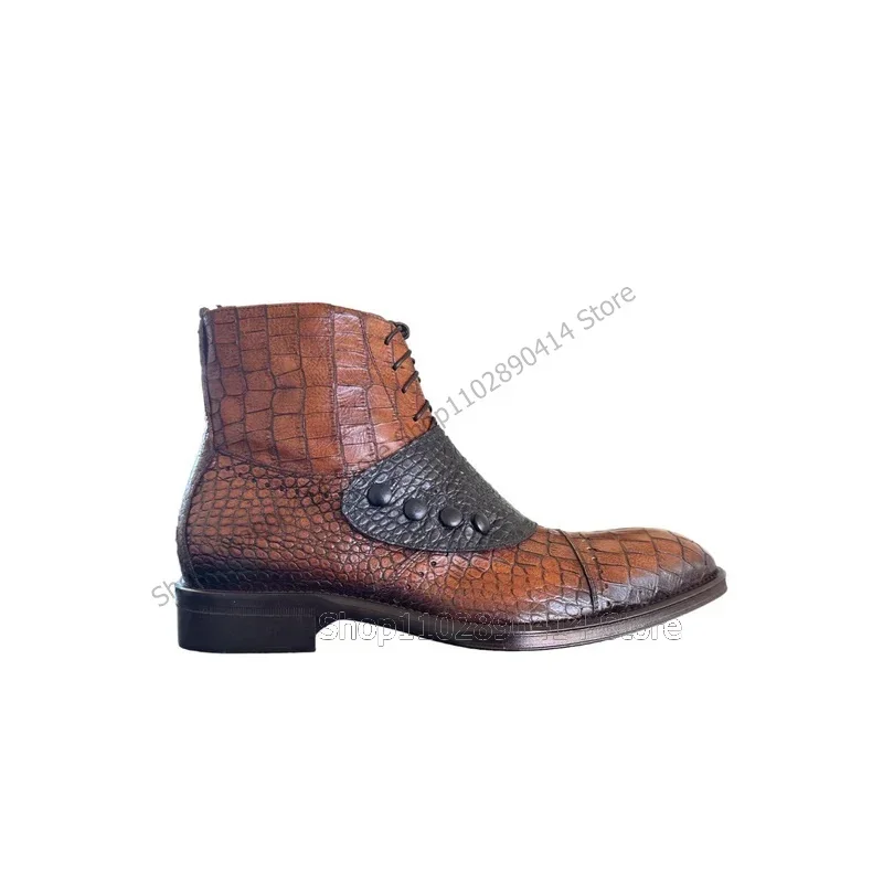

Black Button Decor Brown Crocodile Print Ankle Boots Fashion Side Zipper Men Boots Luxury Handmade Party Banquet Men Dress Shoes