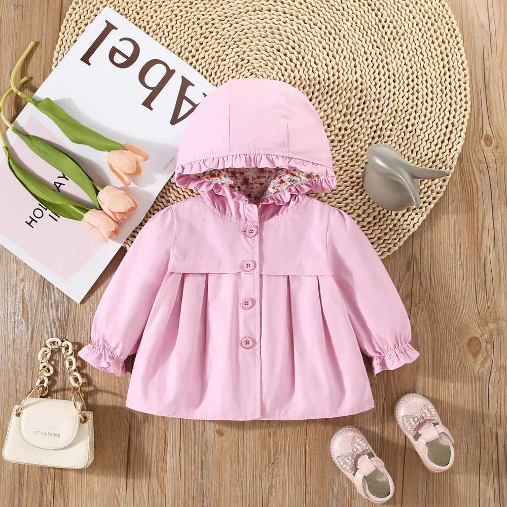 Spring And Autumn Baby Coat Girls\' Solid Hooded Beautiful Jacket Children\'S Windproof Loose And Cute Long Sleeve Clothing