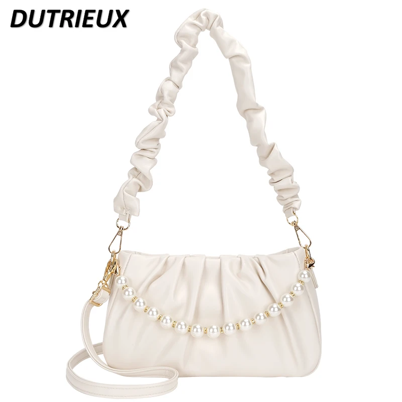 

New Spring Summer Girls' Bags Fashion Solid Color Women's Handbags Pearl Chain Elegant Underarm Messenger Bag for Ladies