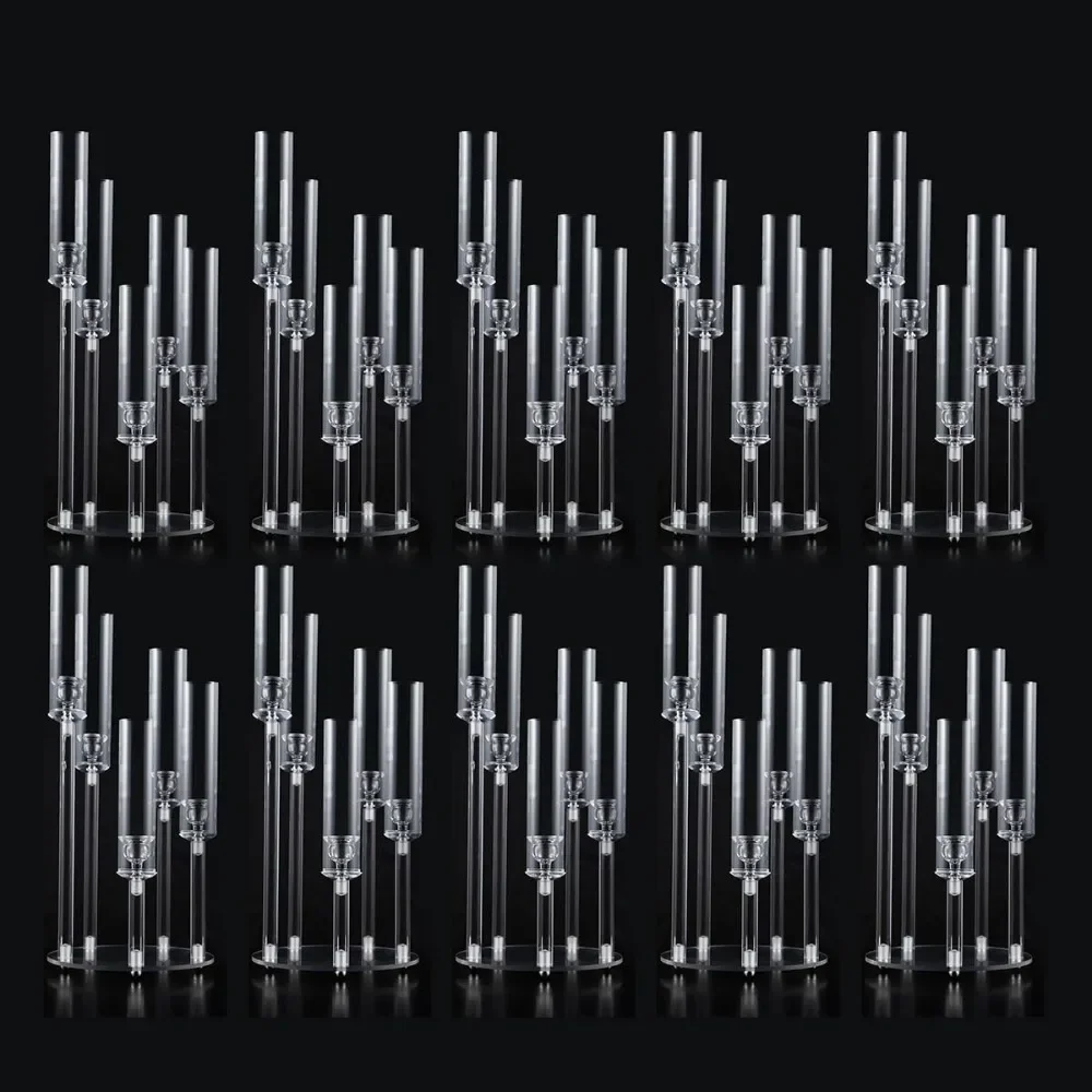 10pcs Acrylic Candelabra Centerpiece for Wedding,5 Arm Clear Candlestick Holders with Lampshade Fireplace Decoration Fit 0.8 LED