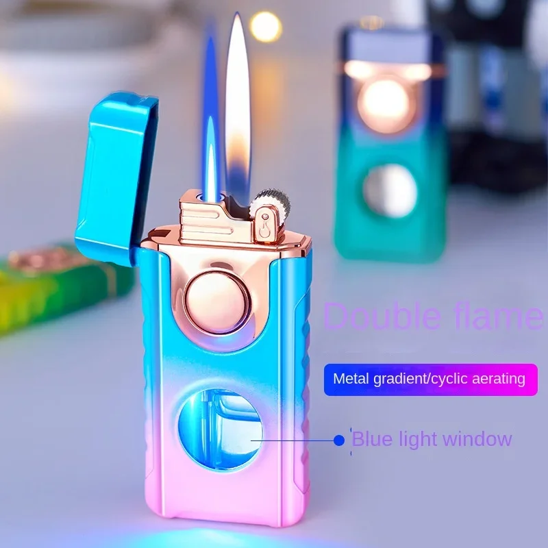 Double Tube Lighters for Men, Flash Visible Gas Cigar Lighter, Windproof Flint Gas Lighter, Jet Gadgets, Cigarette Accessories