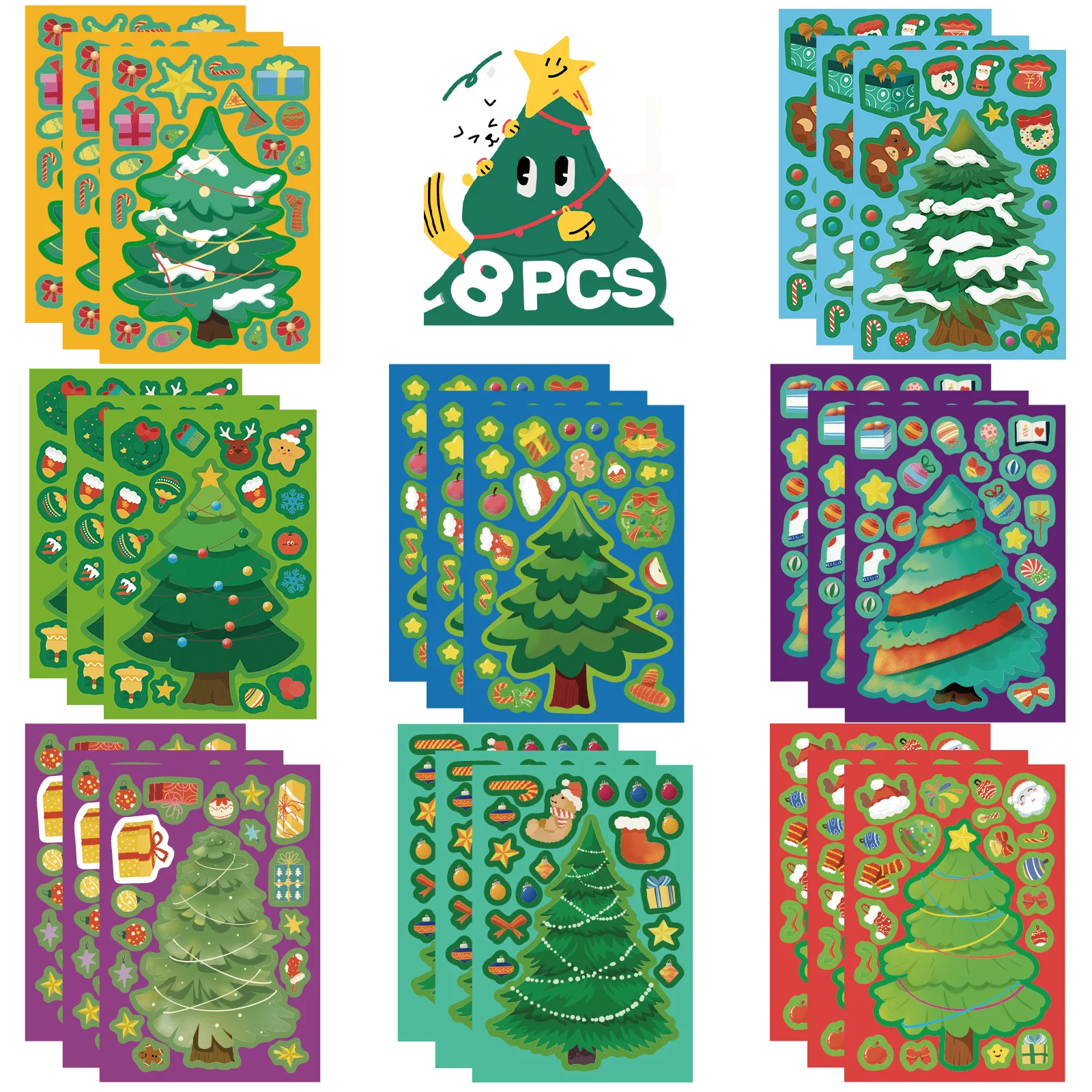 8 أوراق ملصقات ألغاز شجرة عيد الميلاد، ملصقات مضادة للماء لتجميع الأعمال اليدوية للأطفال