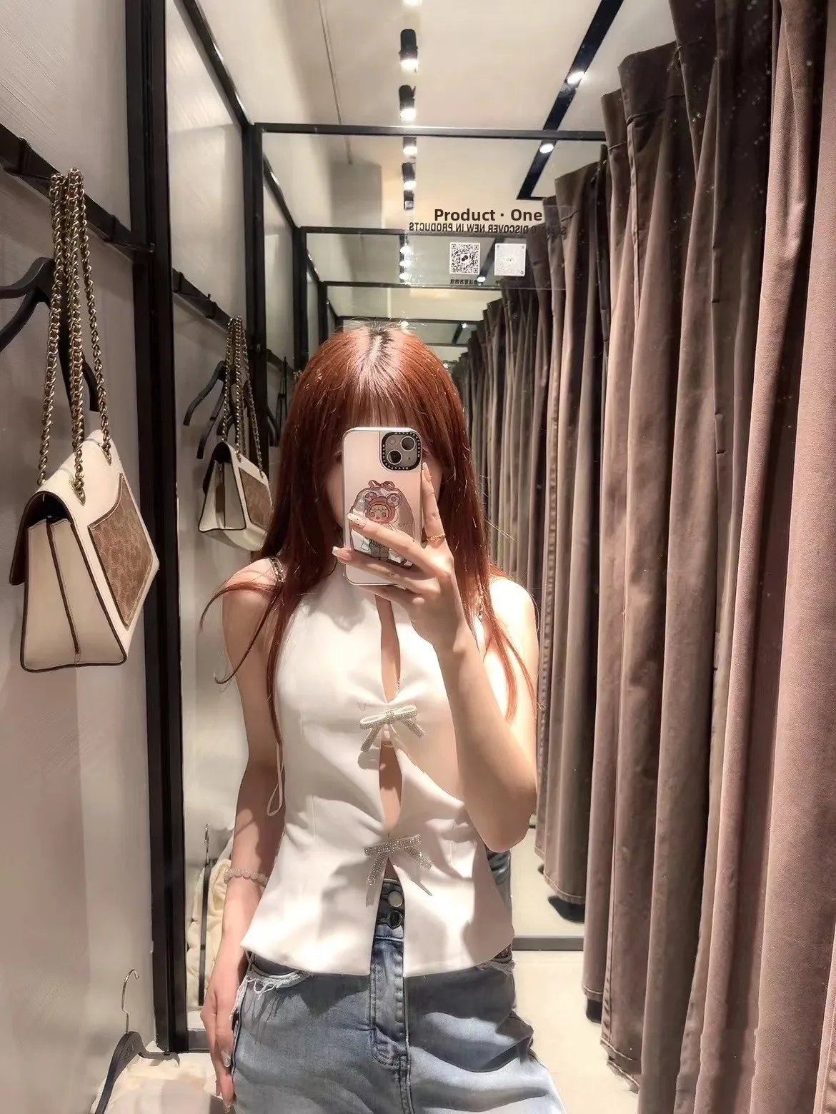 

Summer 2025 Women's Knot Decorated Hanging Ne Vest Top New Arrival Outerwear Faionable Slim Fit Pure Color Poly...