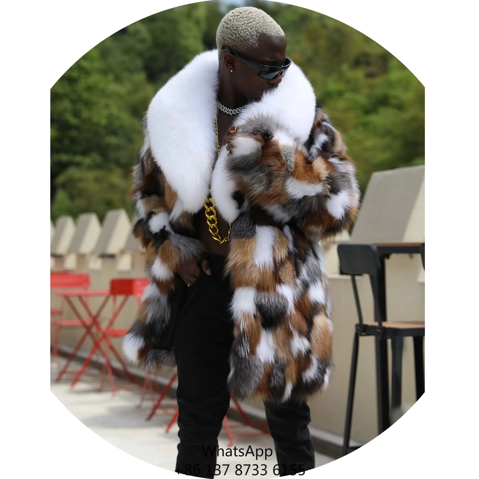 Custom Design Men Big Shawl Collar Patch Work Real Fox Fur Jacket