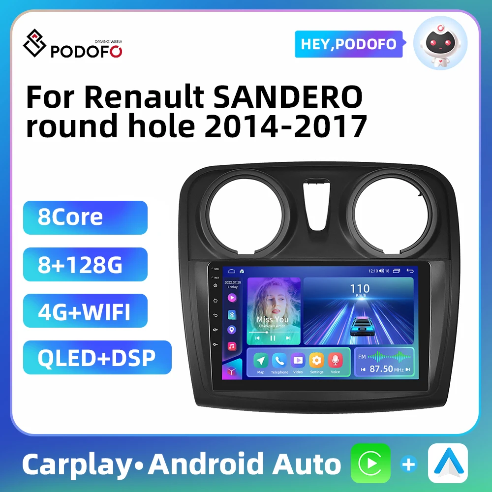 Podofo 2Din Car Stereo Radio For Renault Sandero Round Hole 2014-2017 HD Screen DSP WIFI GPS RDS Radio Receiver Carplay AI Voice