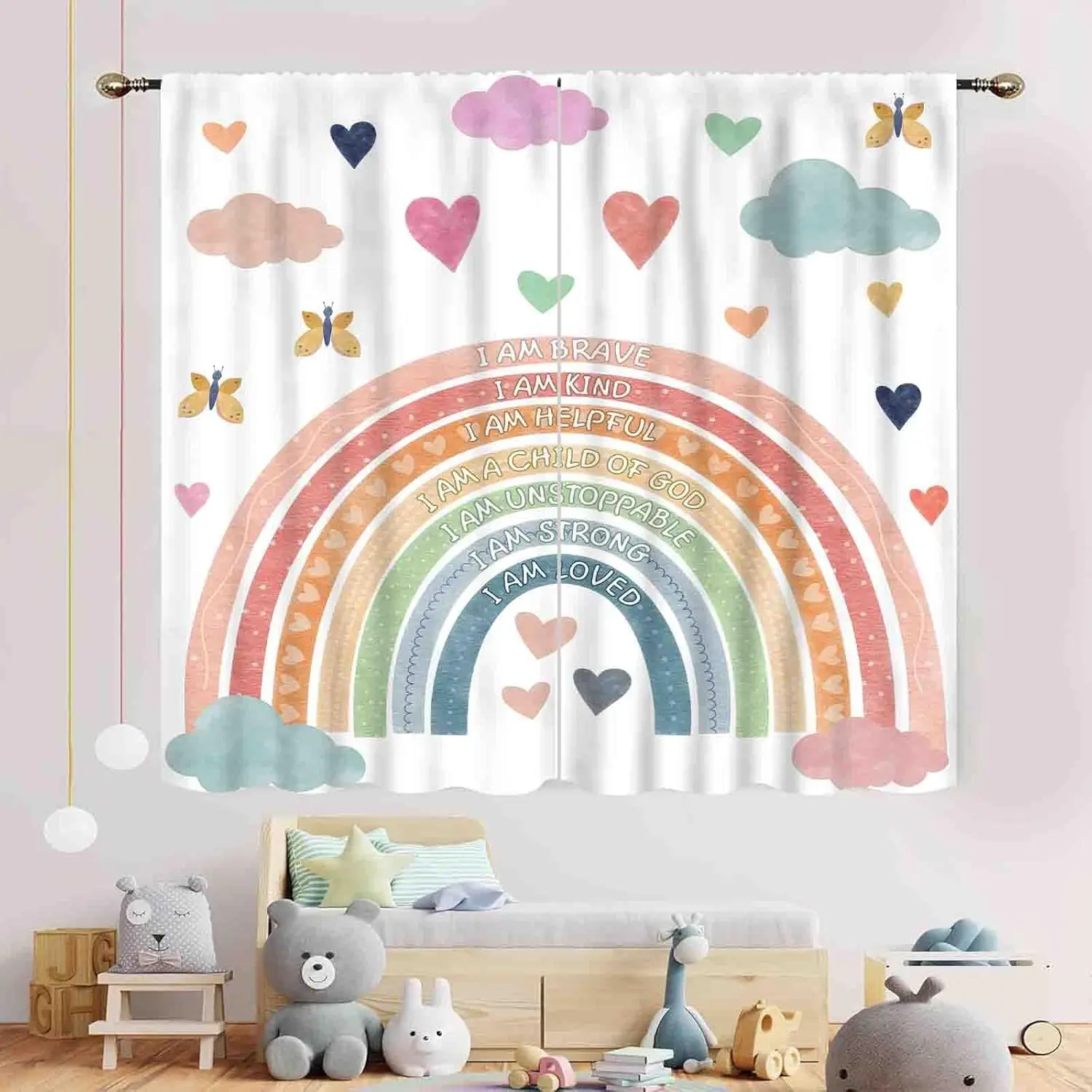 Pastel Rainbow Curtains, Kids Girls Baby Boho Cute Inspirational Motivational Quotes Rainbow Colorful Window Drapery for Bedroom
