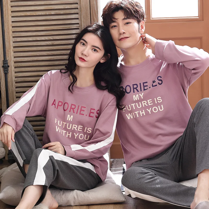 Couples Cotton Sleepwear Spring Long Sleeping Tops Pant Pajamas Set Men Home Clothes Women Nightwear Pjs Loungewear Hombre