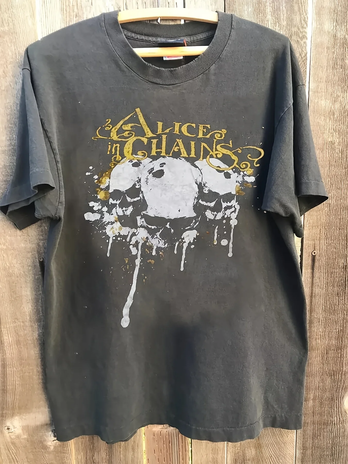 

Alic In Chains Band Men's 90s Retro Skull Graphic T-Shirt Black with Yellow Accents 220g Heavyweight Cotton Fit Short Sleeve