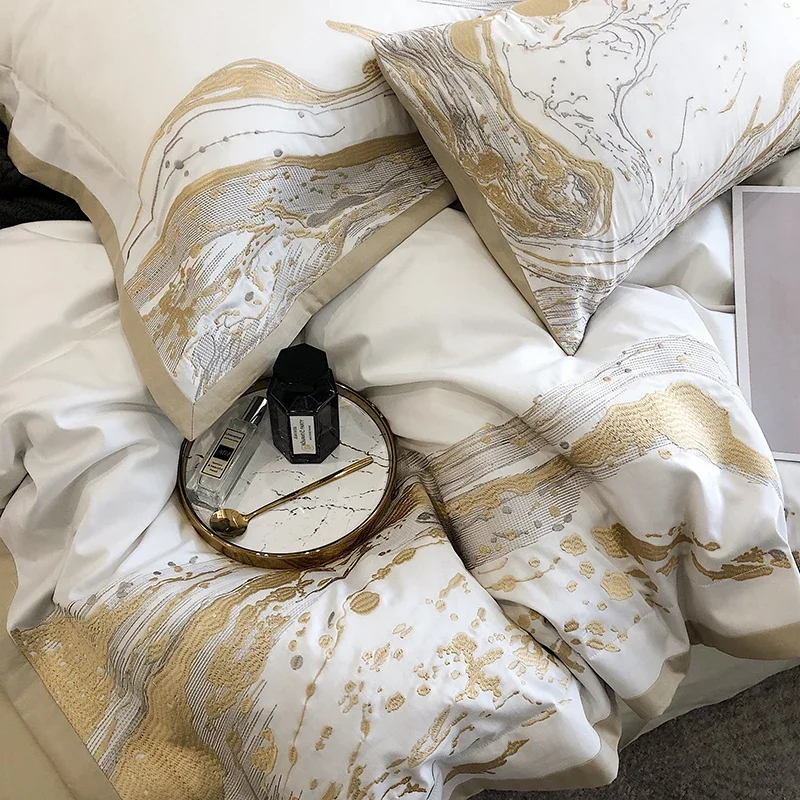 Modern Art Gold Embroidery 100S Egyptian Long-staple Cotton Luxury Bedding Set Quilt Cover Bed Linen Pillow Shams Bedclothes