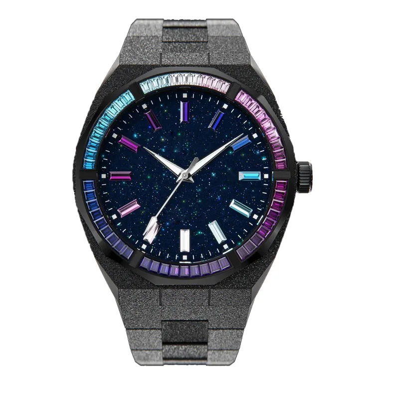 42mm Black Blue Crystal Bezel 5ATM Waterproof Bling Dial Frosted Star Dust Rainbow Watch For Men