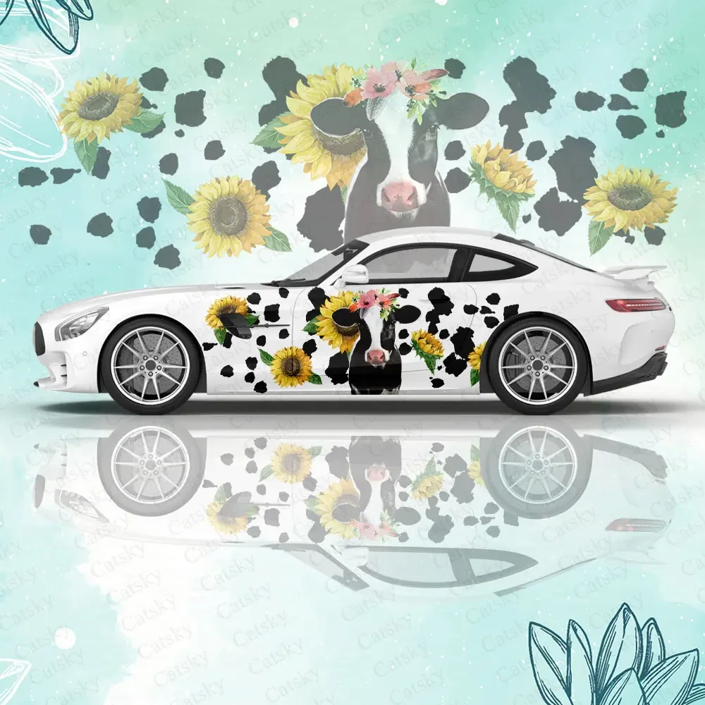 Custom Sunflower Cow Print Car Sticker Decal Hood Door Body Vinyl Sticker Graphic Wrap New Car Sticker Decoration Accessories