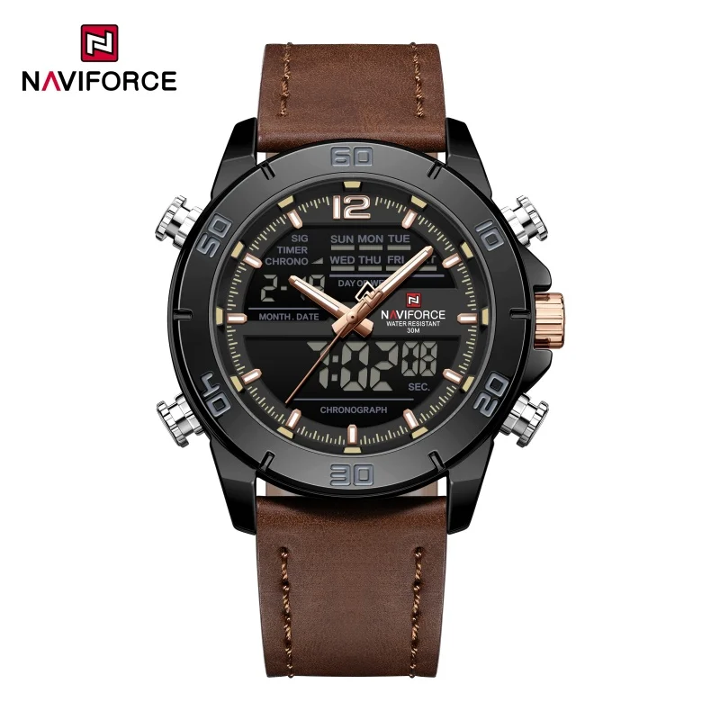 NAVIFORCE 9253L Men's Electronic Quartz Watch Waterproof Night Light Calendar Sports Leather Strap Fashion relojes hombres