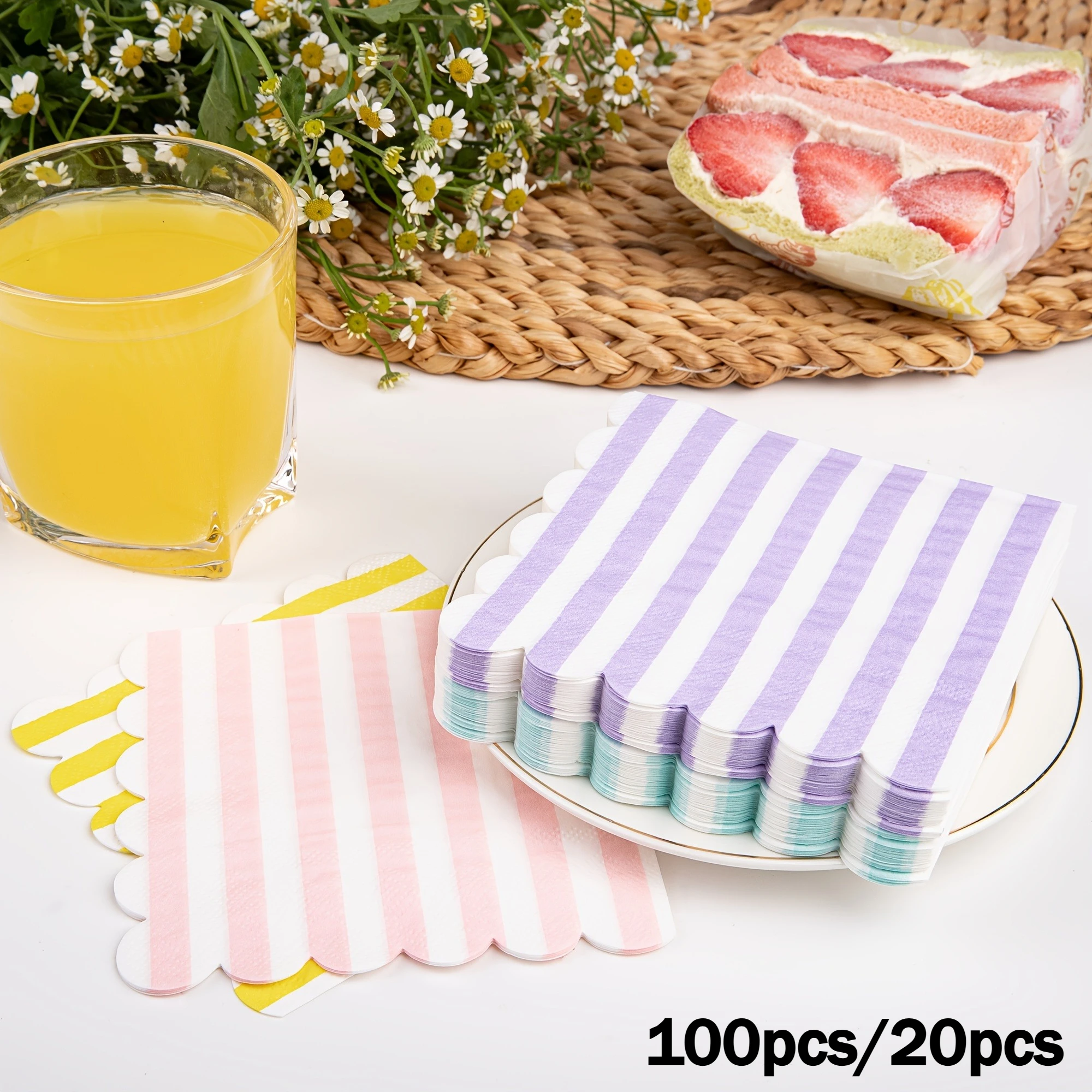 Stripe Napkins Cocktail Napkins with Scalloped Edges Dinner Napkins Disposable Thick Paper for Wedding Dinner Birthday Party