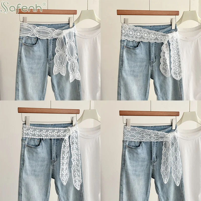 White Lace Mesh Waist Belt Embroidered Hollow Out Chain for Women Dress Summer Elegant Outfit Accessory