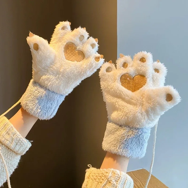 Kawai Gloves Women's Autumn Winter Extra Fleece Thick Warm Hanging Neck Riding Finger Gloves Cute Fur Velvet Bear PAWS Cat Claws