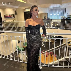 Qanz Black Party Dress Women Elegant Luxury Lace Sweetheart Evening Dresses Long Sleeves Mermaid Pleat Formal Occasion Dresses