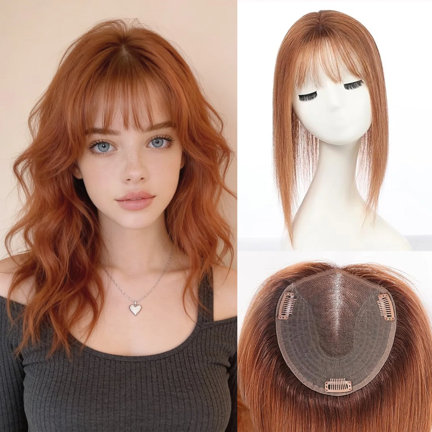 Ginger Copper 14 Inch Human Hair Topper for Women Straight Hair Topper With Bangs Upgrade Swiss Lace Base with 3 Non-Slip Clips