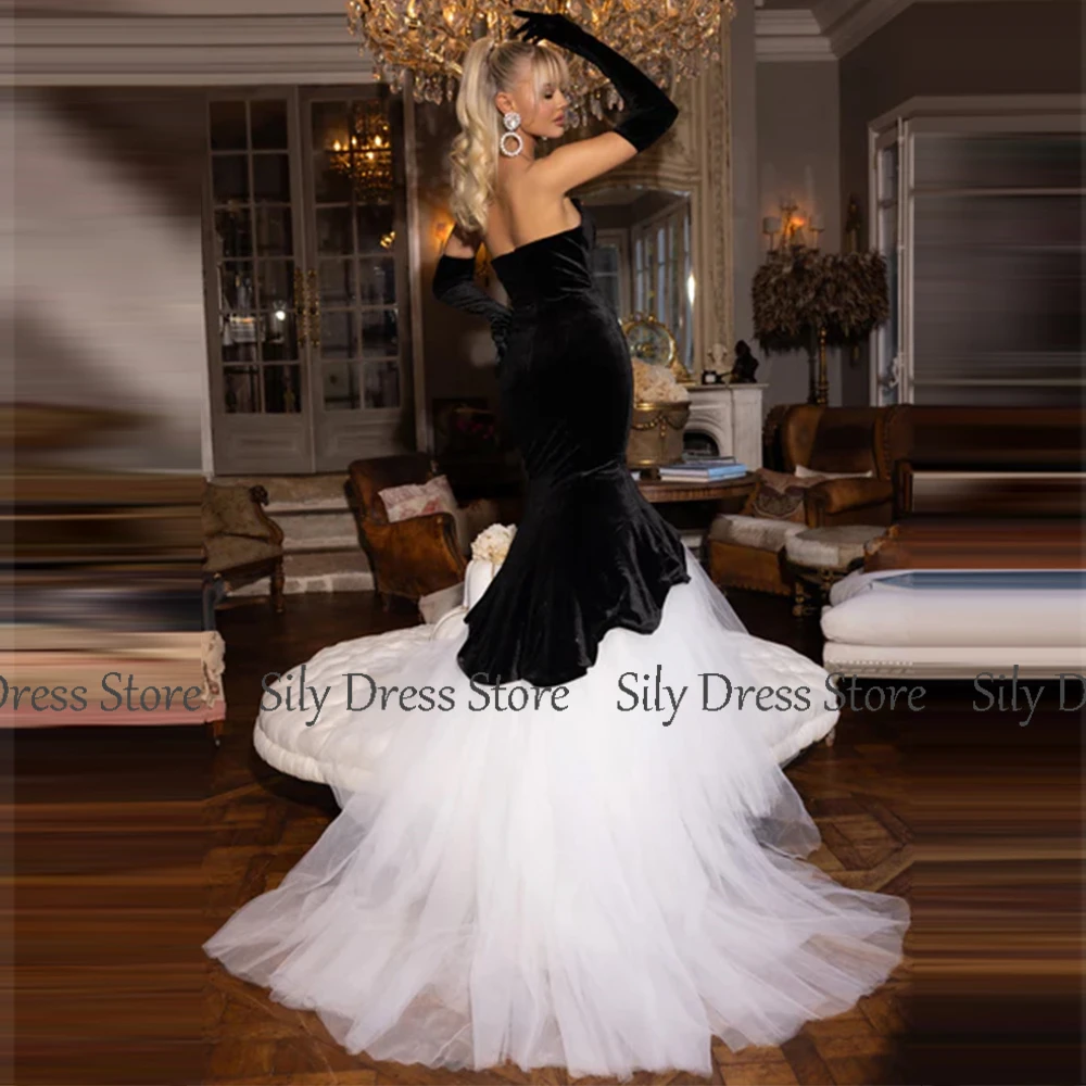 Robe de soirée sirène/trompent en velours et filet, robes formelles de sororité moderne, noir et blanc, sans bretelles, froncé, robe de Rhlongue, 2024