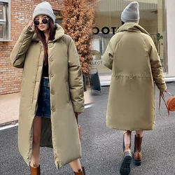 2024 Winter Down Cotton Coat Womens Vintage Hooded Padded Puffer Parkas Long Thicken Warm Cotton Jacket Single-breasted Overcoat