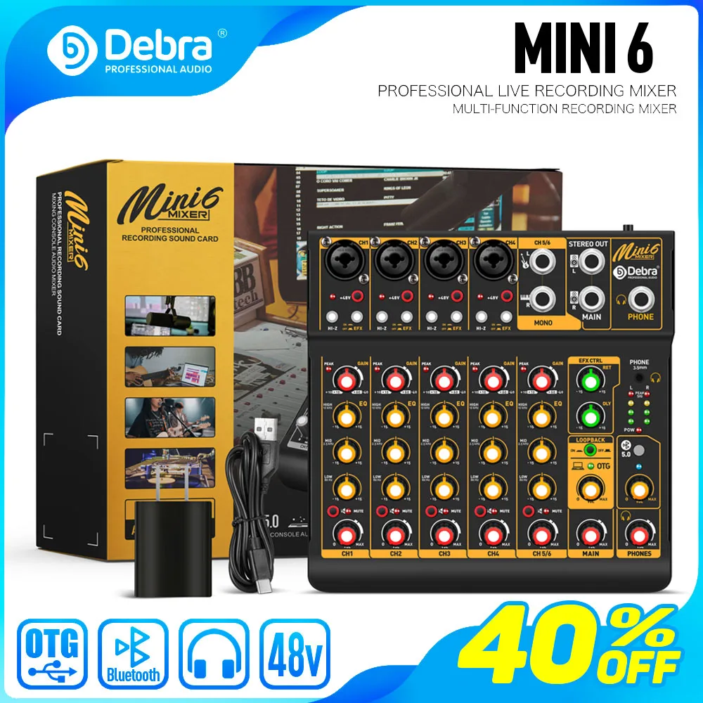 Debra Mini 6 6 Kanalen Metalen Audio Interface Mixer Met Bluetooth OTG Vertraging Herhaal Effect Voor Sound Mixing Console PC Opname