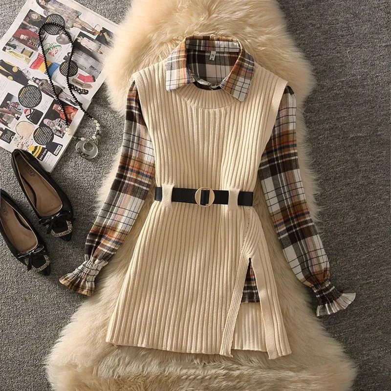 Fall Winter Two Pieces Suits Casual Outfits Womens Vintage Loose Plaid Blouses Top+split Knit Tank Top Fashion Clothing Female