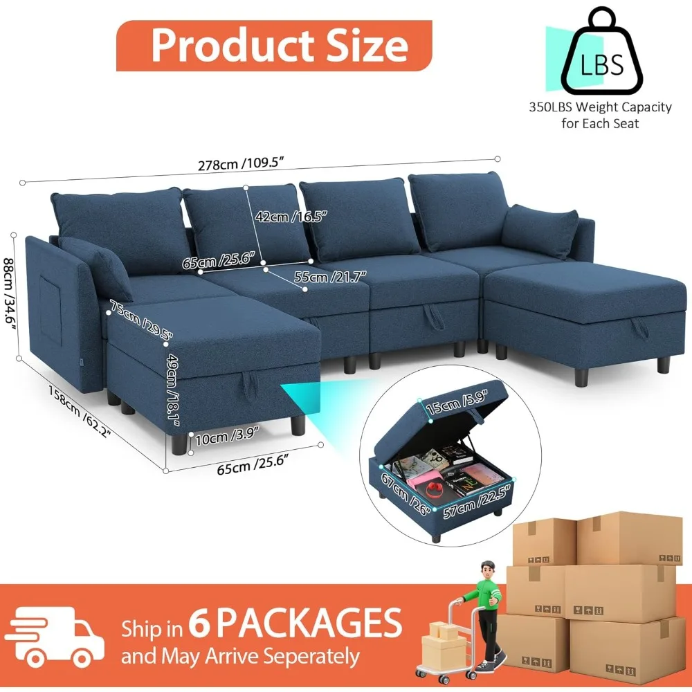 Modular Sectional Sofa with Storage, Convertible 6 Seat Sectional Couches for Living Room, U Shaped Sectional Sofa with Ch