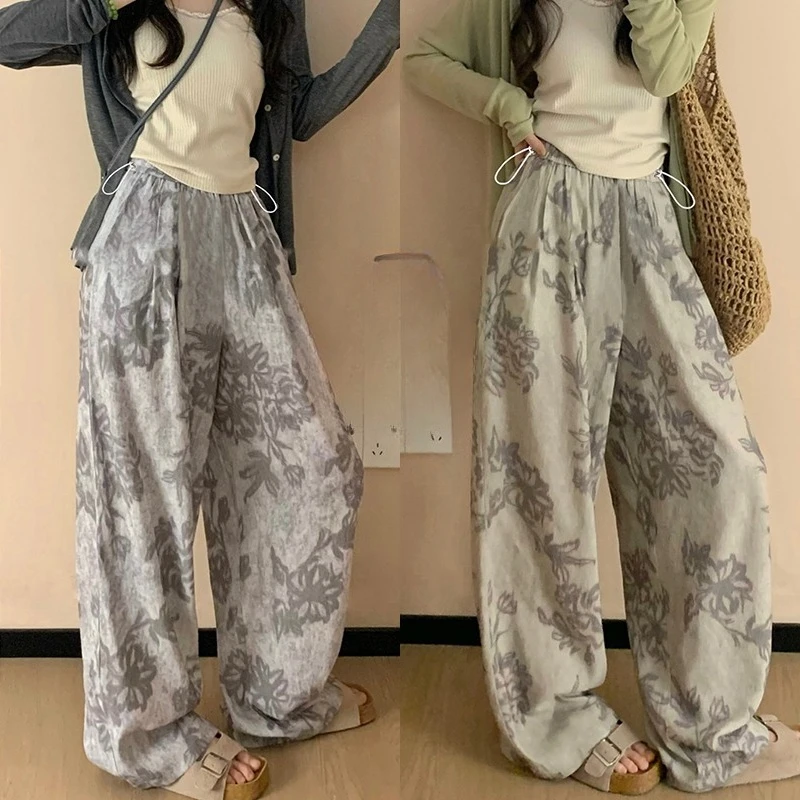 Summer Pregnant Woman Floral Trousers Wide Legs Drawstring Waist Long Loose Casual Maternity Retro Pants M-4XL