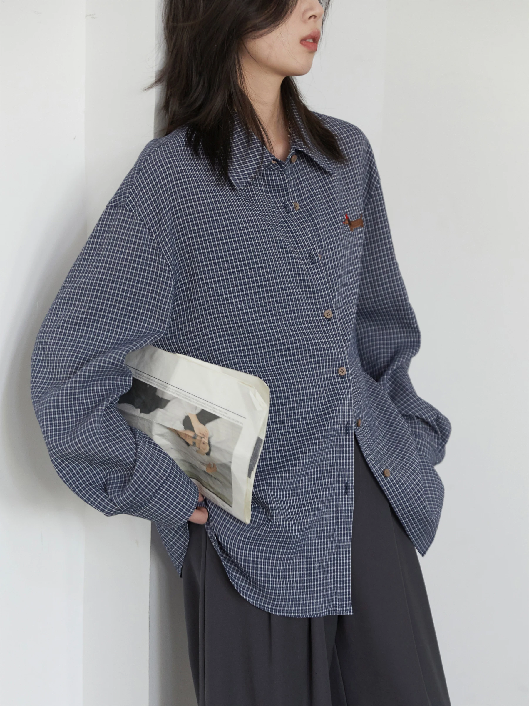 

CHICVEN Spring Loose Collar Embroidered Retro Plaid Women's irt Top Versatile Miu Sle Commute Faion Breathable Polyester