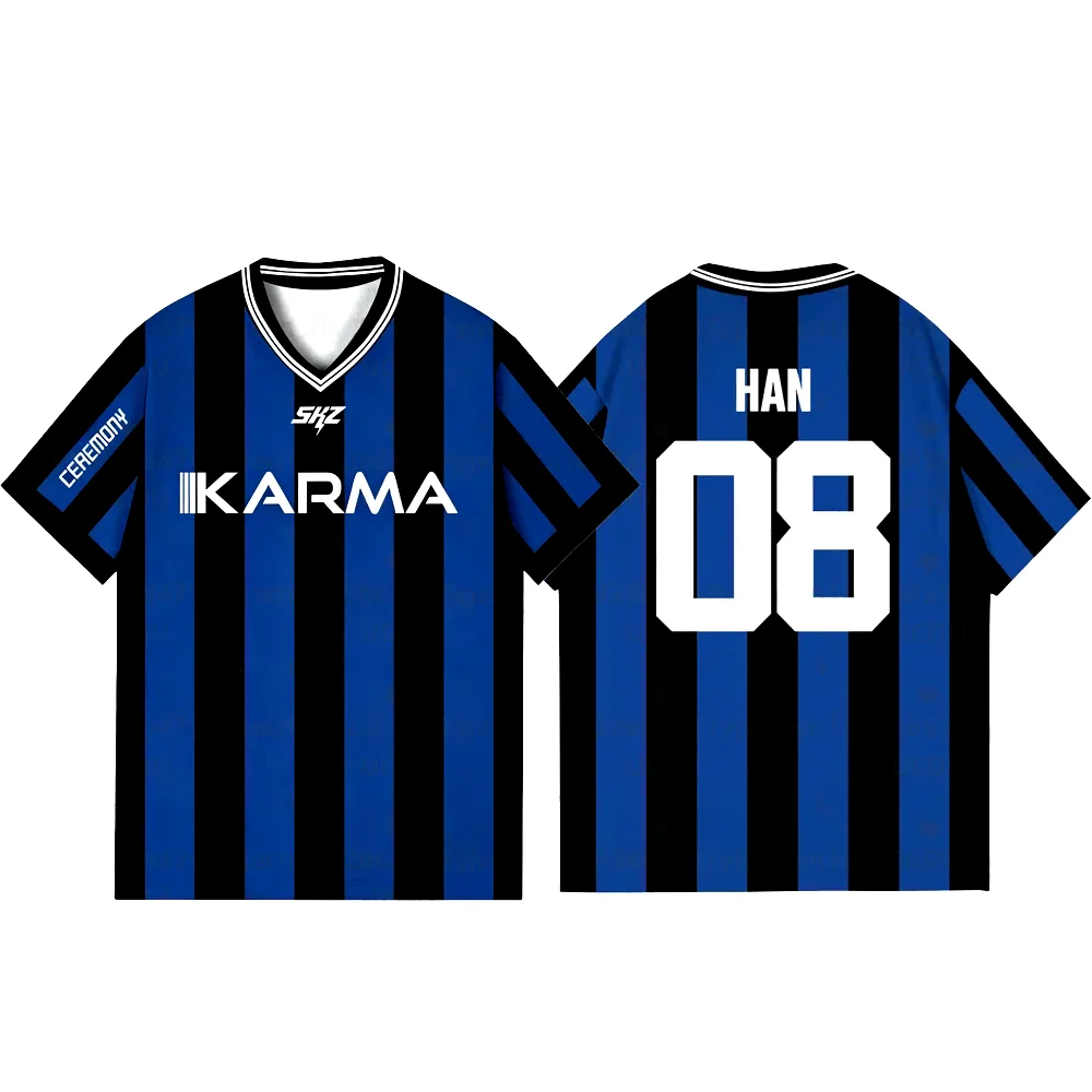 2025 KPOP Stay KARMA ألبوم المشجعين دعم القمصان فيليكس BANGCHAN HYUNJIN الشارع الشهير ملابس فضفاضة التي شيرت كم قصير بلايز تي شيرت