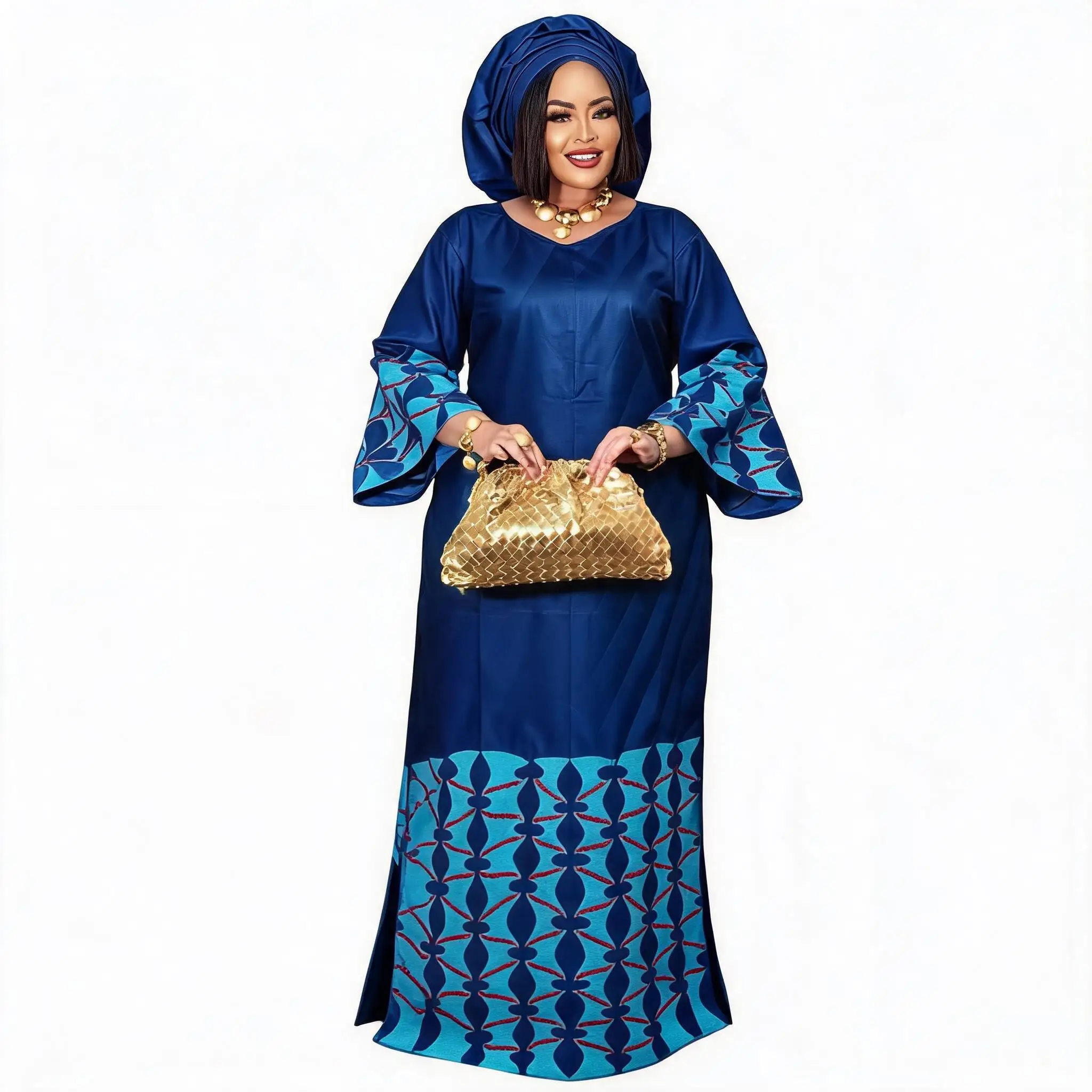 Women's African Embroidered Boubou Robe Batwing Sleeve Satin Maxi Dress for Party Church Lace Collar