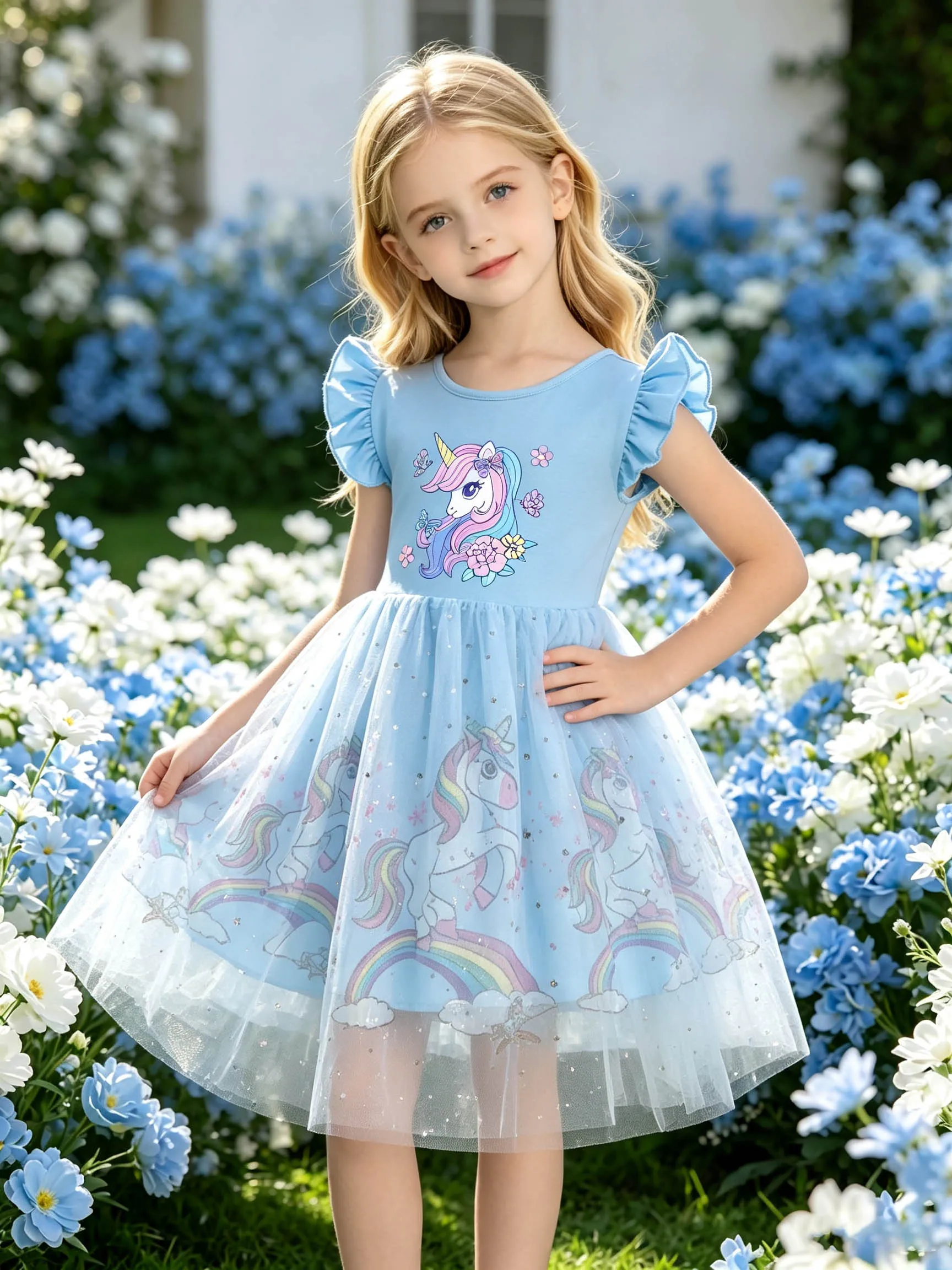 Little Girls' Floral Fairy Pony Short-Sleeve Fairy Dress, Girls' Summer Cartoon Tulle Puffy Dress with Sparkly Cloud Mesh