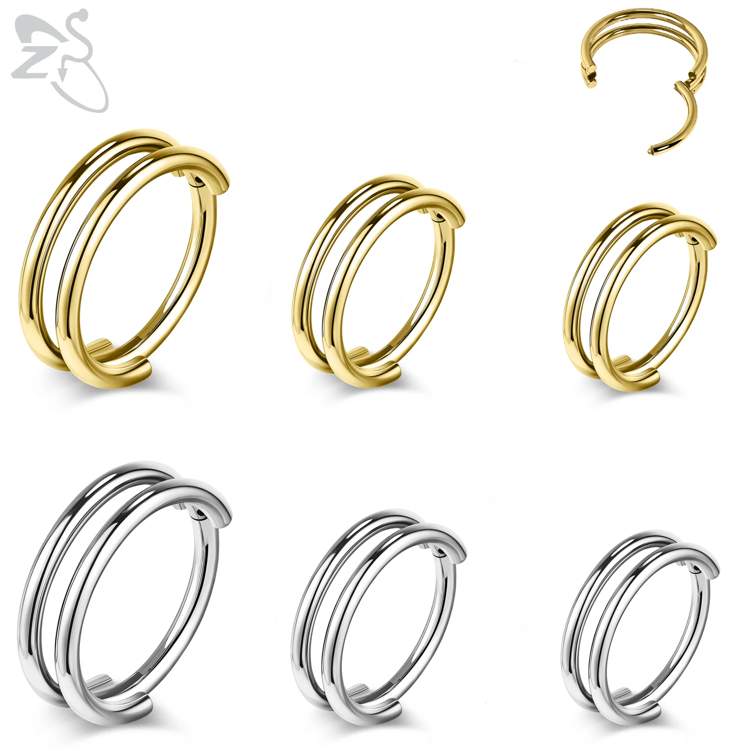 ZS 1PC Gold Color Septum Ring Crystal Nose Piercing Stainless Steel Nose Clicker Double-Layer Plain Circle Cartilage Piercings