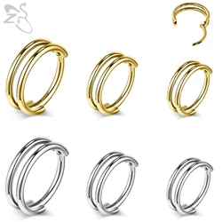 ZS 1PC Gold Color Septum Ring Crystal Nose Piercing Stainless Steel Nose Clicker Double-Layer Plain Circle Cartilage Piercings