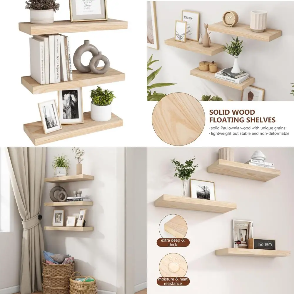 

Набор из 3-х настенных полок из натурального дерева — 17 ширинок x глубиной 6,7 для гостиной, спальни, домашнего офиса