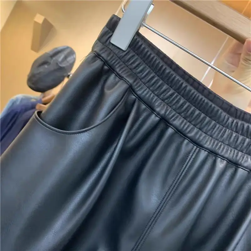 Outono e inverno estilo coreano couro do plutônio calças de perna larga para mulheres preto cintura alta solta moda nove pontos calças