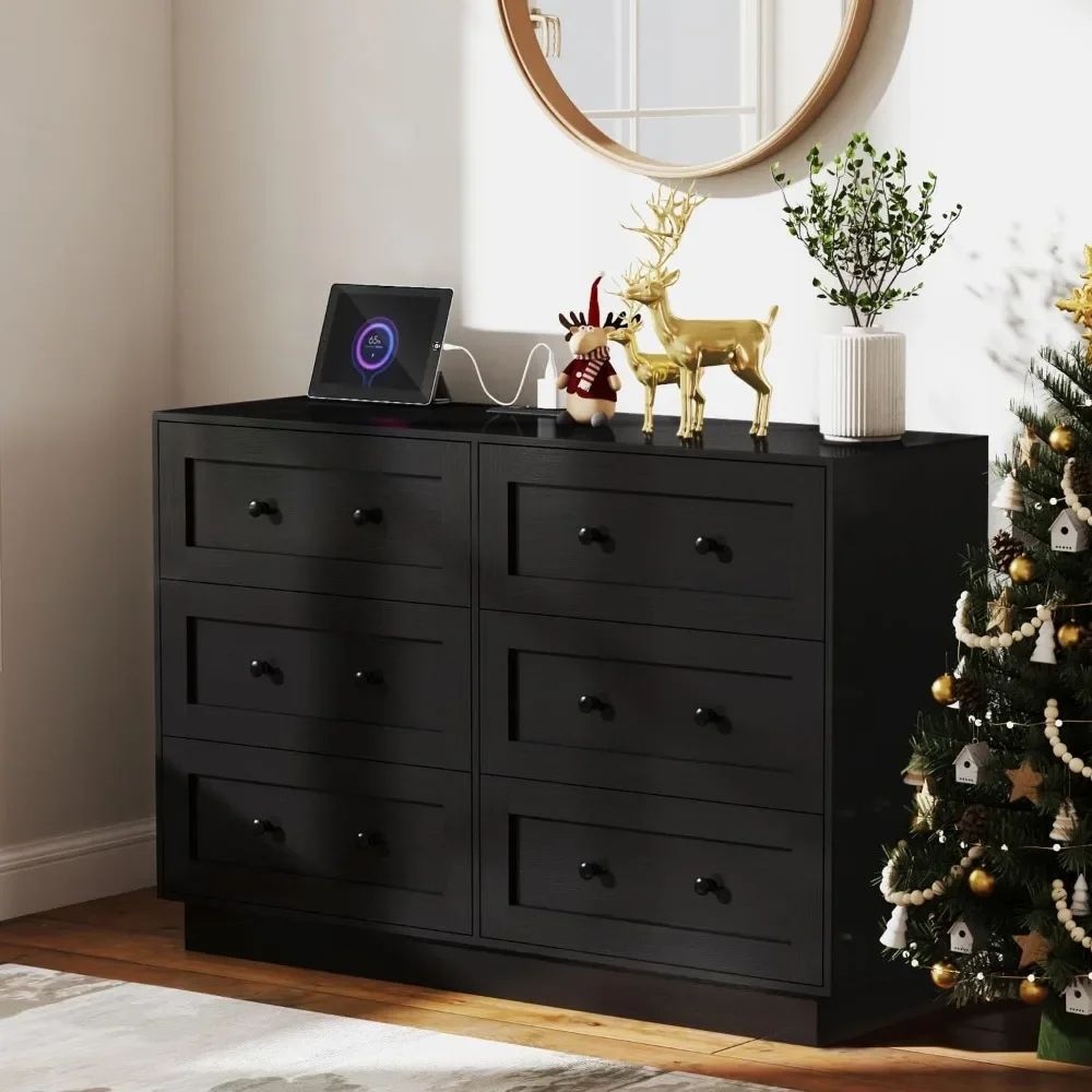 6 Drawer Dresser For Bedroom, Wood Dresser & Chests Of Drawers With Sockets ＆ USB＆Type-C Charging Station|