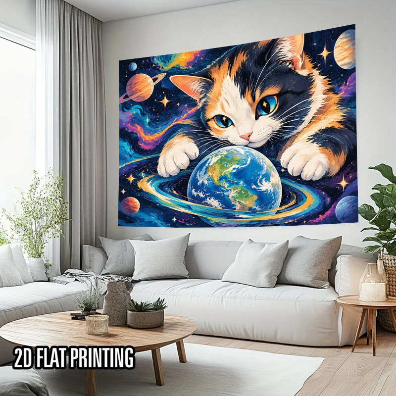 Cosmic Cat Tapestry,Lovely Cat Hugging Earth Bright Planets Swirl Nebula Scene Wall Hanging for Party Photo Booth Backdrop Decor