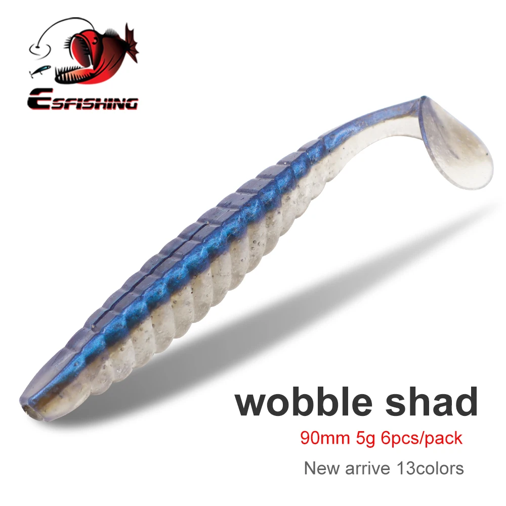 ESFISHING-señuelo de Pesca suave, cebo de cola en T, Wobble Shad, 90mm, 5g, 6 piezas, Leurre Souple