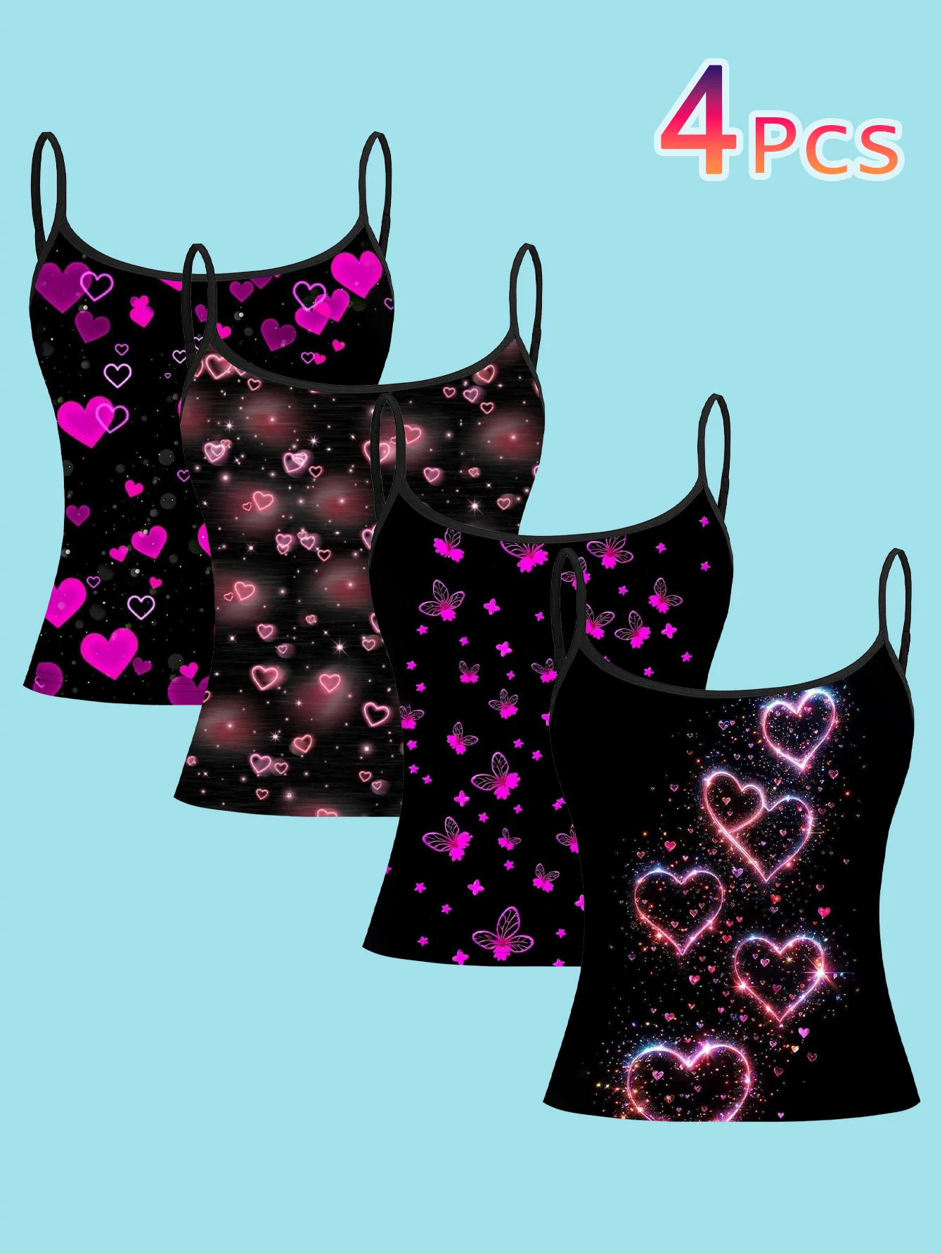 4-Piece Set of Y2K Neon Glowing Heart and Butterfly Print Camisoles, Black Base with Pink Starry Glitter, Slim-Fit Spaghetti Strap Sleeveless Tops for Girls, Suitable for Wearing Outside or as an Inner Layer