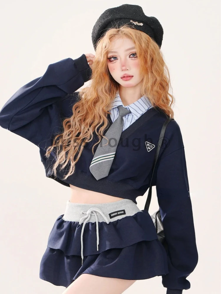 Autumn Aesthetic Y2k Loose 2 Piece Set Women Vintage Fashion Long Sleeve Patchwork Tops Female + High Waist Lace Up Skirt Suit